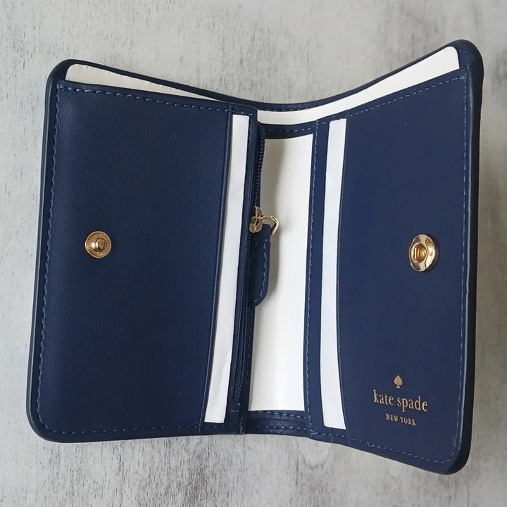 Kate Spade Madison Vase Floral Printed Med Blue White Bi-Fold Leather Wallet